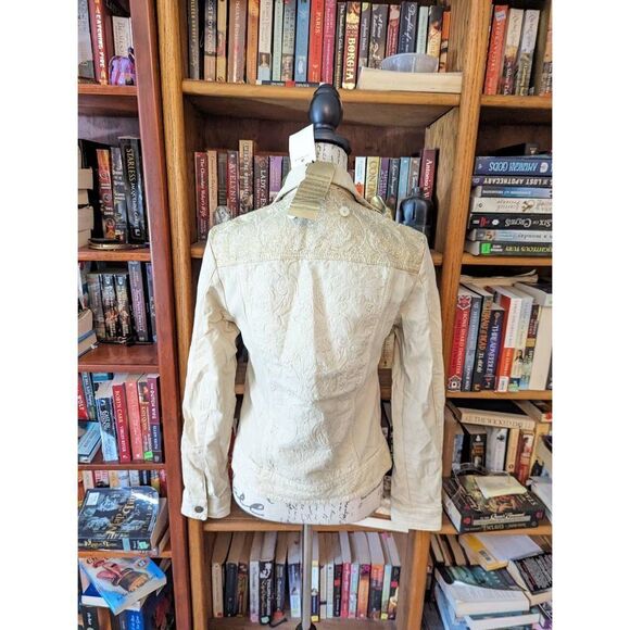 justcavalli cream/gold 6 pocket denim jacket button front sparkly back sz s nwt - Picture 2 of 8
